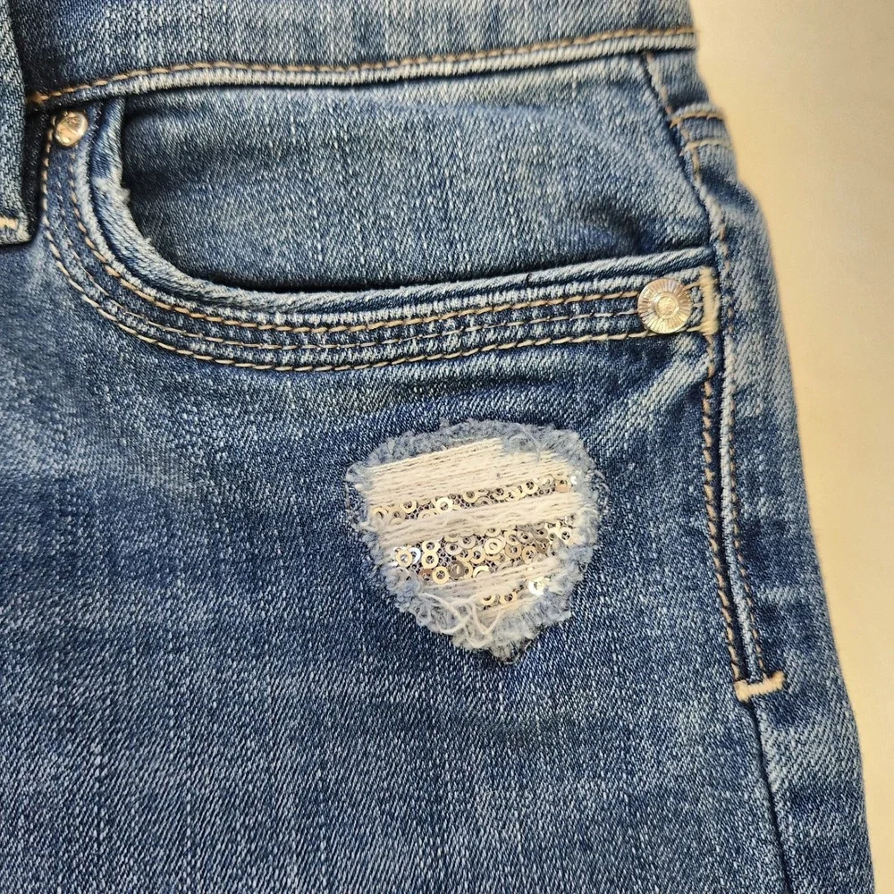 White House Black Market Straight Leg Crop Distressed Denim Jeans 0 Blue Sequins